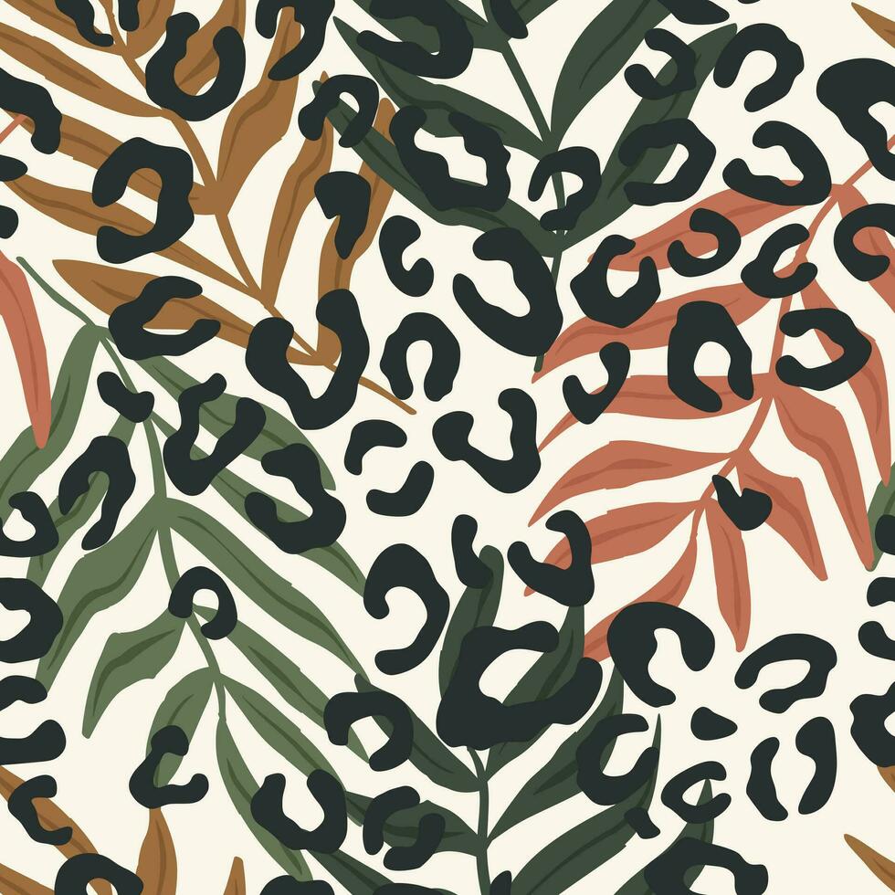 Hand drawn tropical leaves with animal skin texture seamless pattern vector