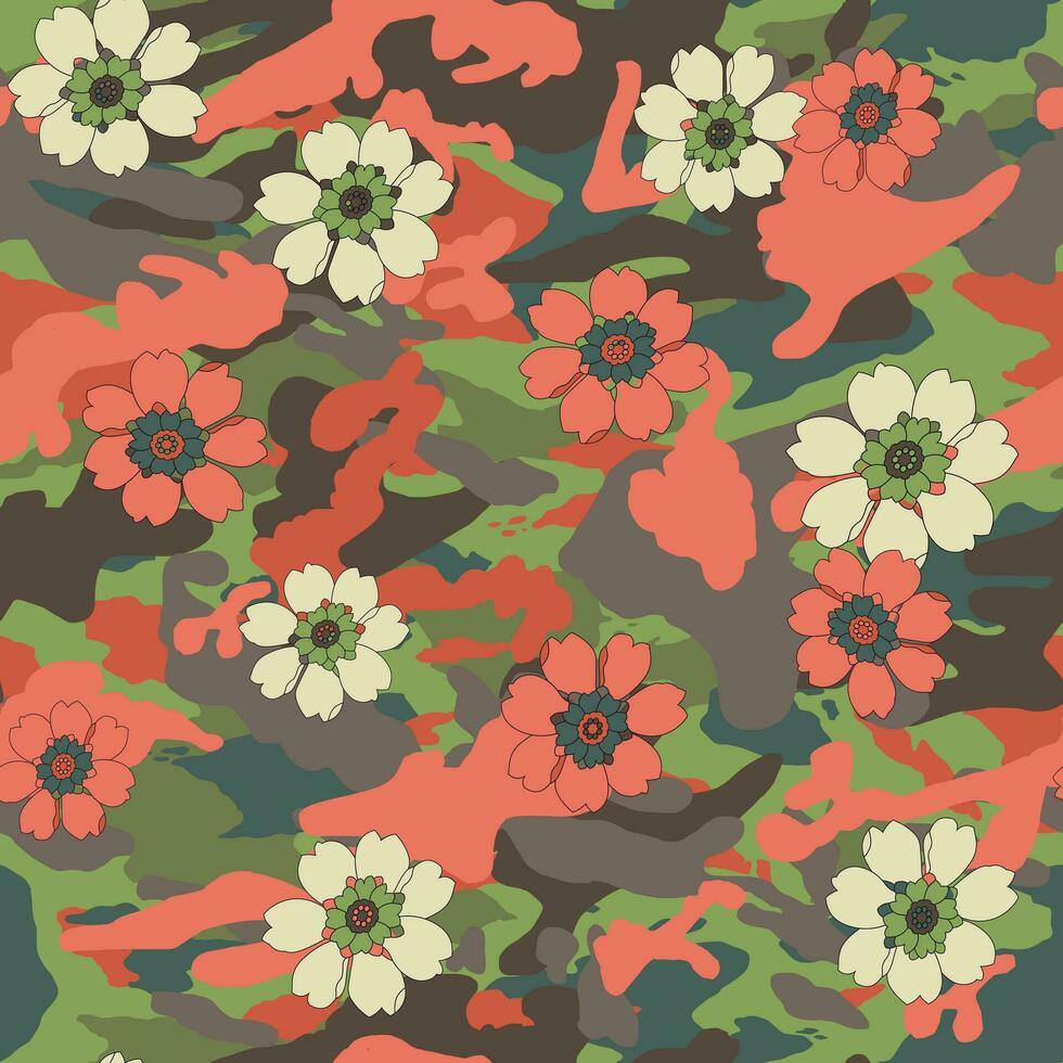 Colorful flower on camouflage background seamless pattern vector