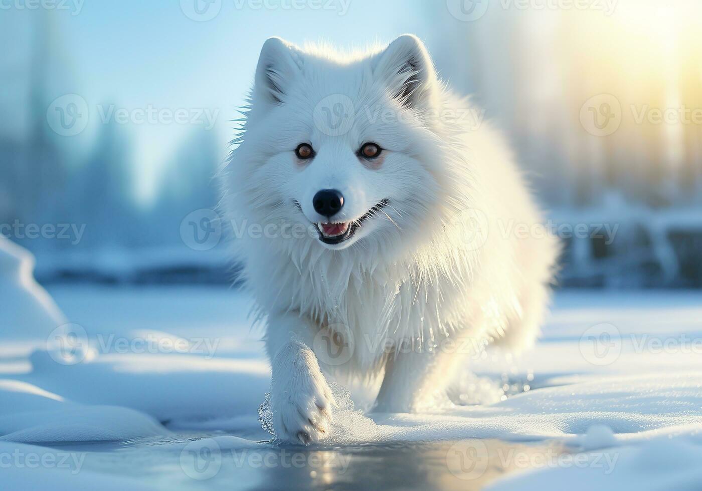AI generated Polar fox on the snowy ground looking at us. photo