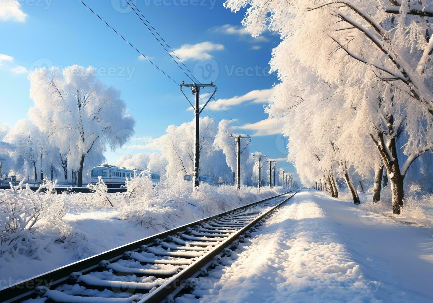 AI generated Snow covered railway line in winter landscape photo