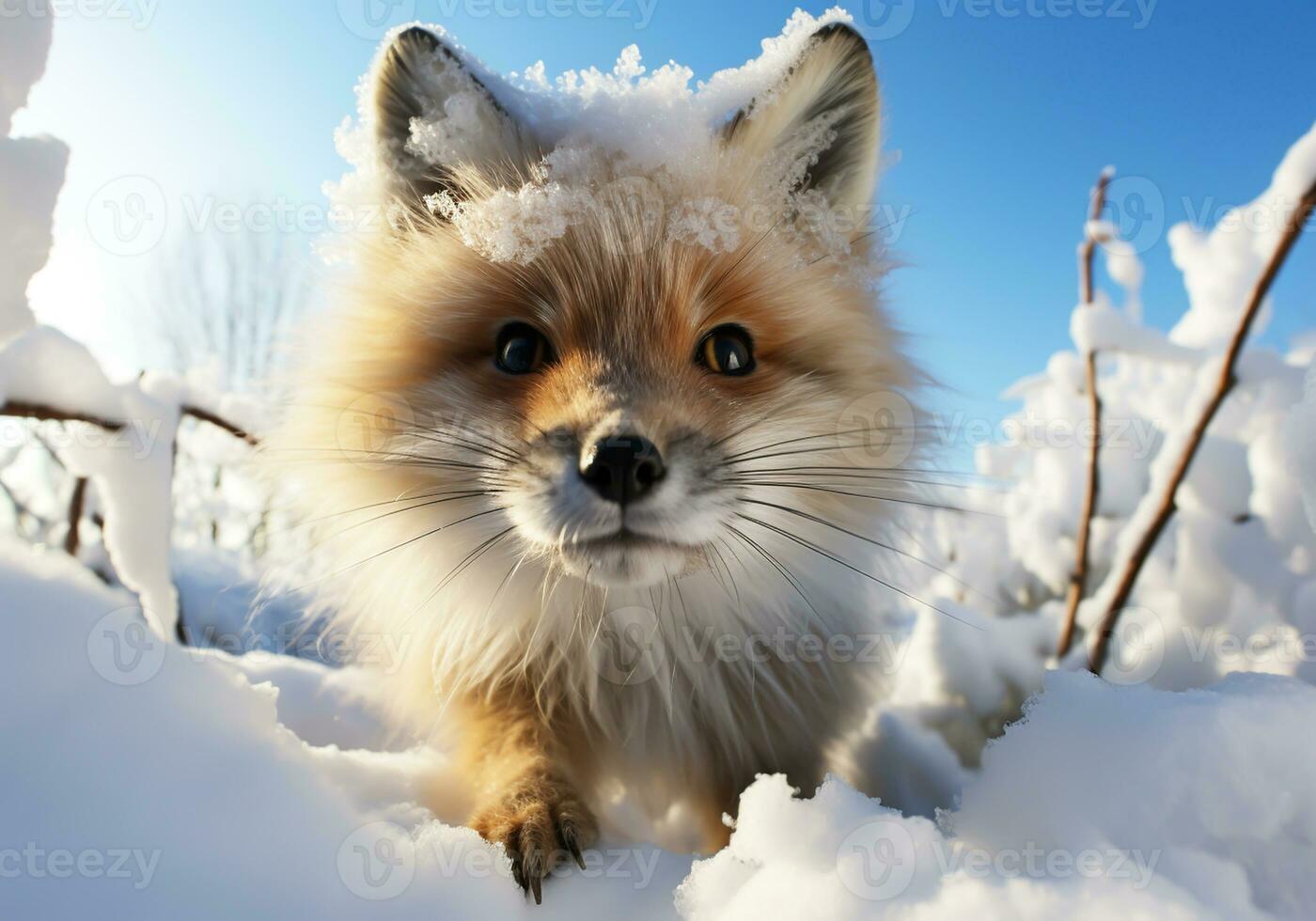 AI generated Fox on the snowy ground looking at us. photo