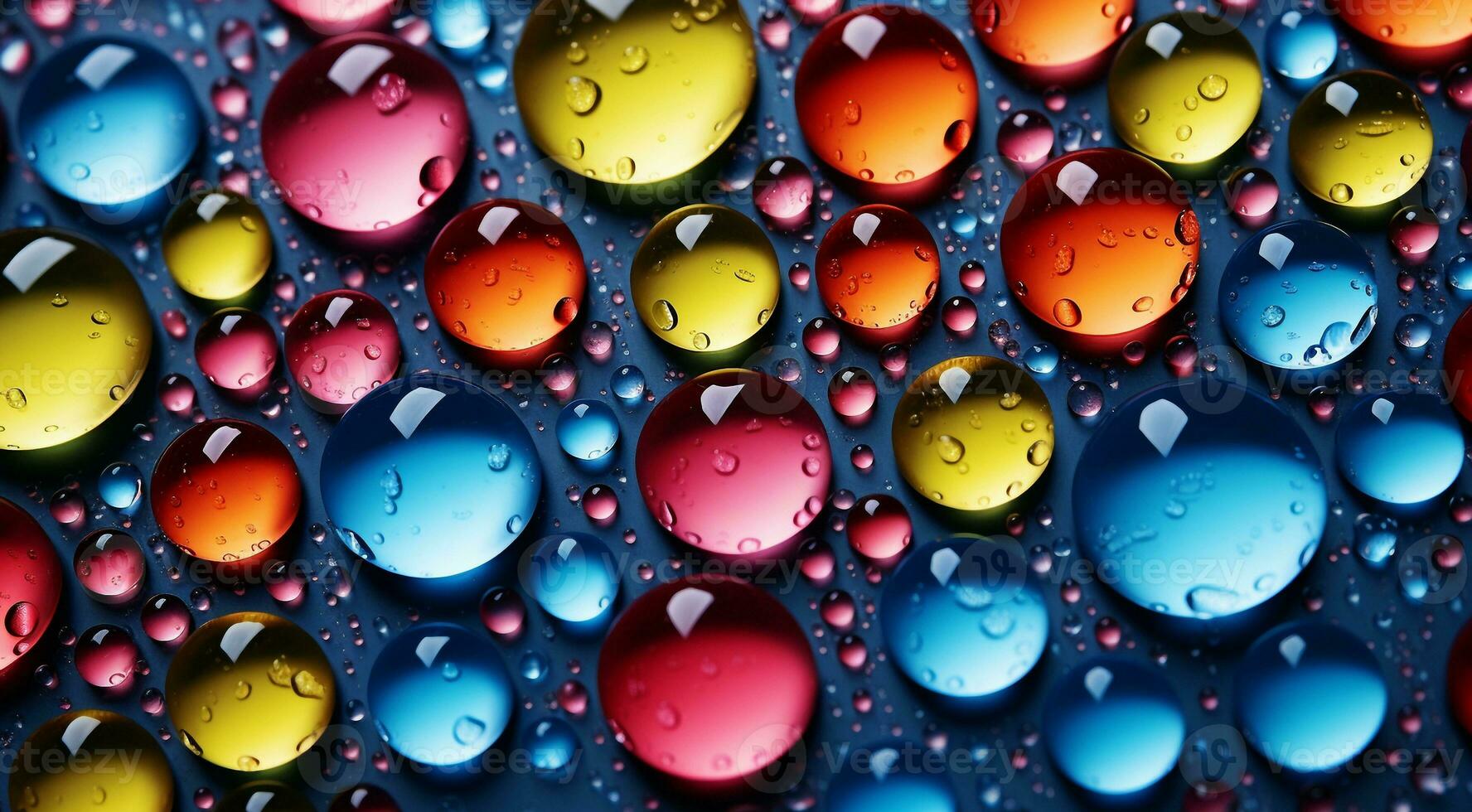 AI generated colored water drops on abstract background, water drops on colorful background, colored wallpaper, ultra hd colorful wallpaper, background with colored bubbles photo