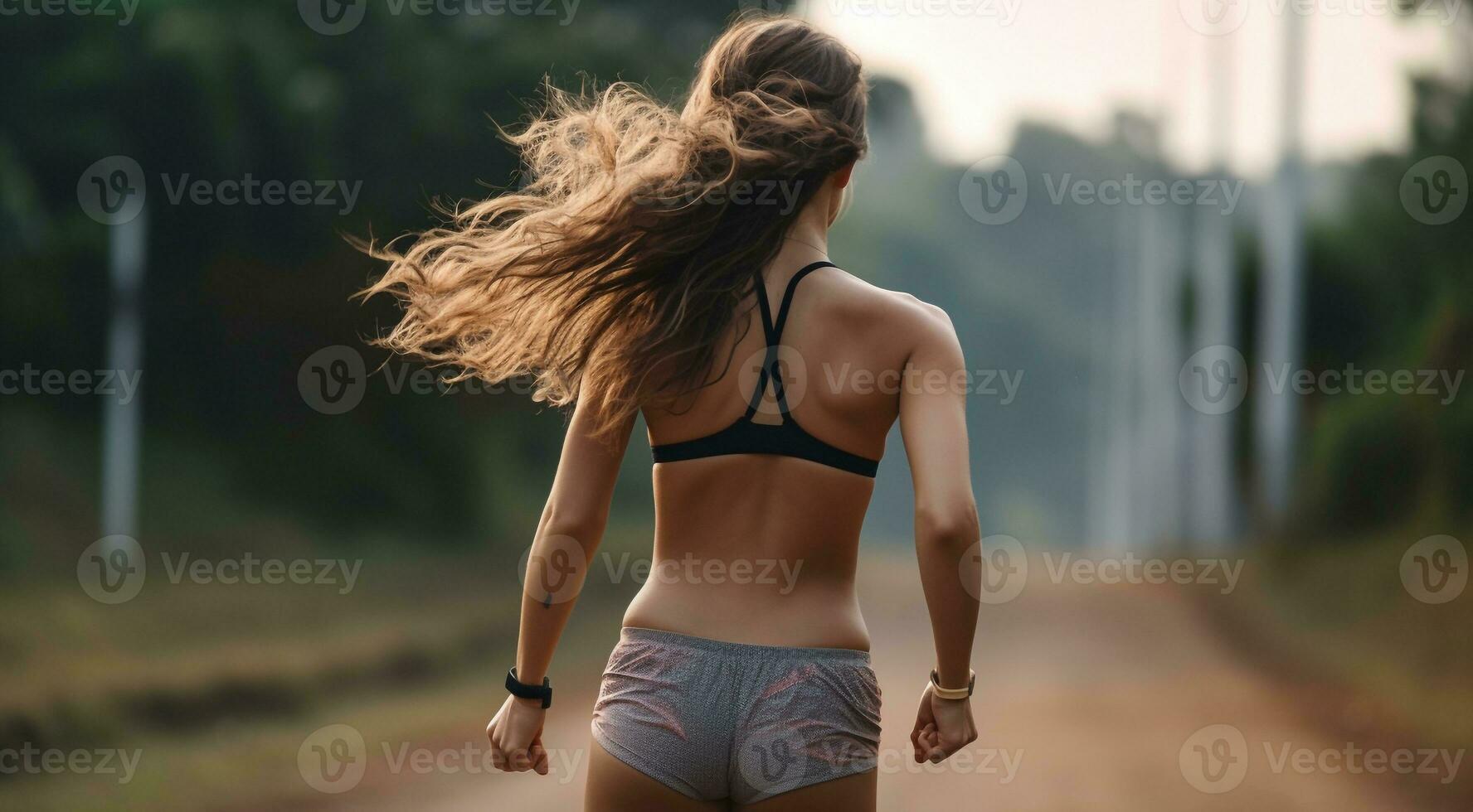 ai generado bonito niña corriendo en naturaleza, Deportes niña correr, joven mujer es corriendo foto