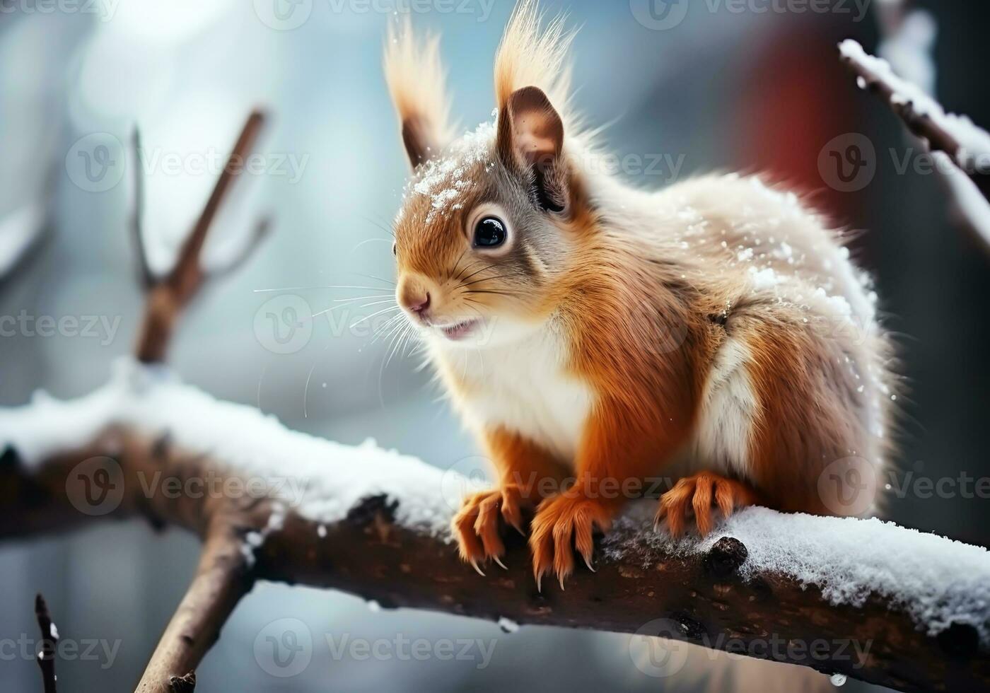 AI generated Squirrel perched on a snowy tree branch. Winter time. photo