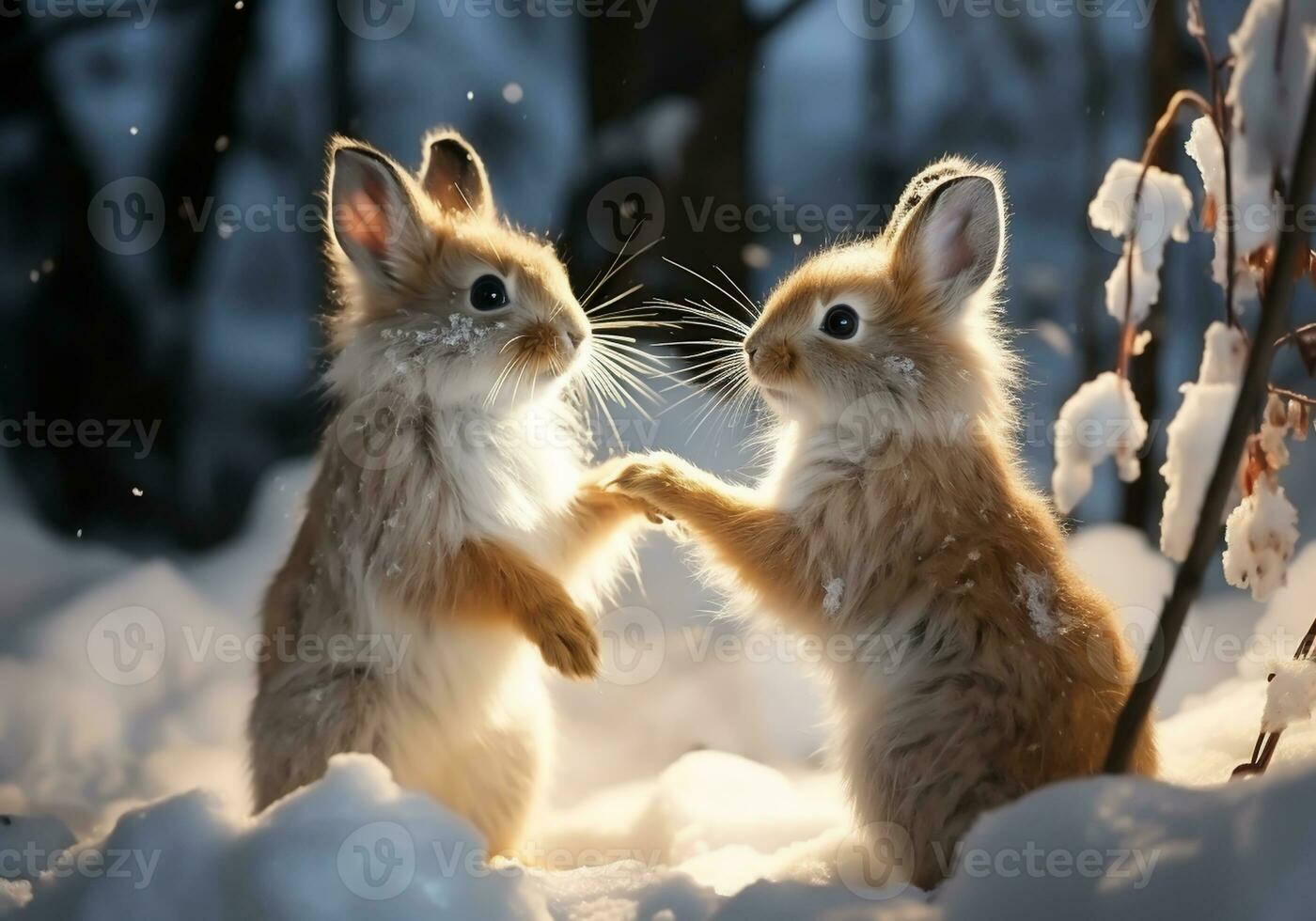 AI generated Hares posing in the snowy forest. Winter time. photo