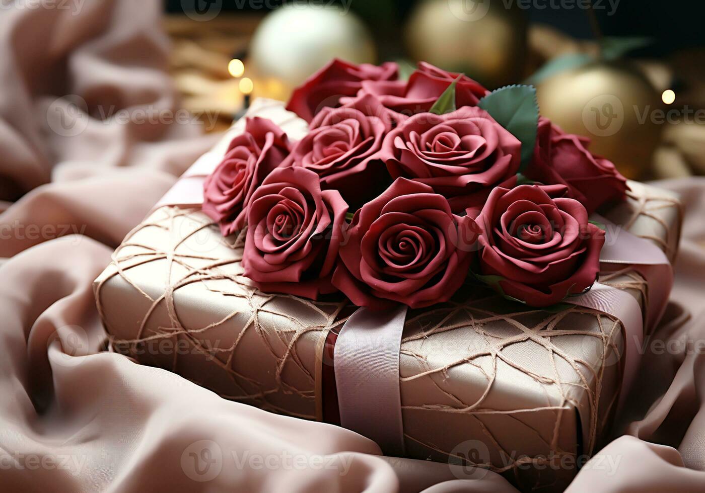 AI generated Romantic image of a gift and dried roses for invitation card or other uses. Valentine Day photo