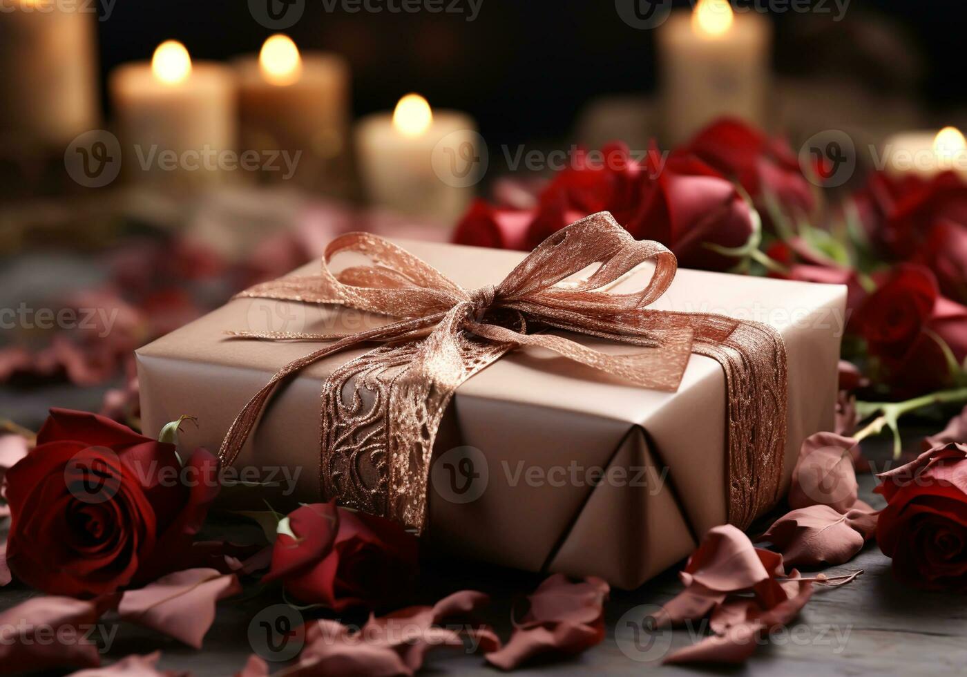 AI generated Romantic image of a gift and dried roses for invitation card or other uses. Valentine Day photo