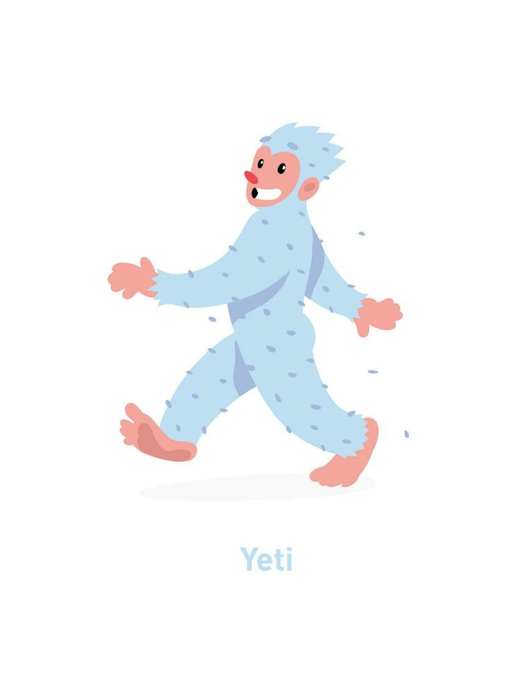 An illustration of a cartoon Yeti. Vector illustration. A walking white yeti is coming. Image is isolated on white background. Flat fashion illustration for banner, print and website. Mascot company.