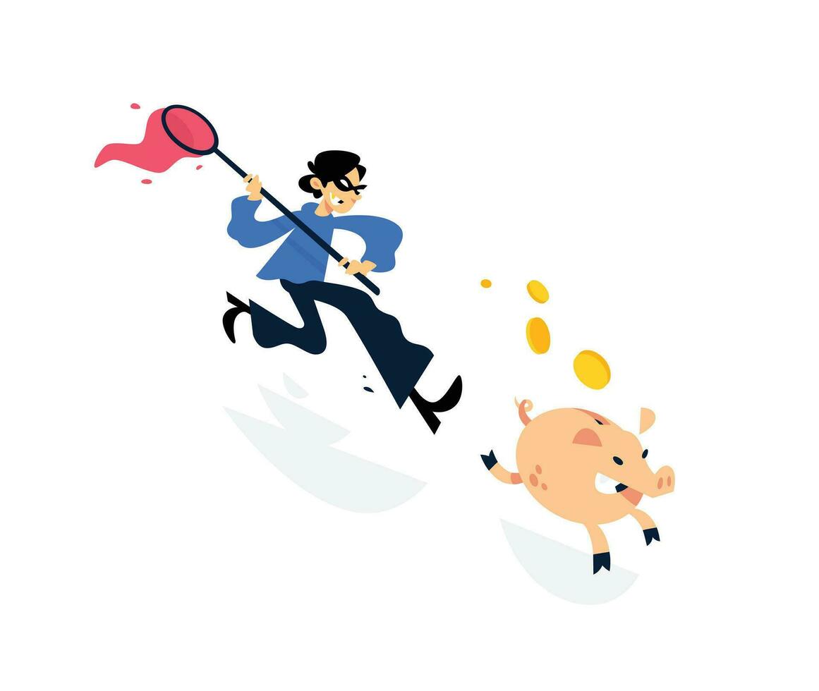 Illustration of a thief running after a piggy bank with a net. Image is isolated on white background. A cartoon thief is trying to catch a piggy bank. In pursuit of profit. Easy Money. vector