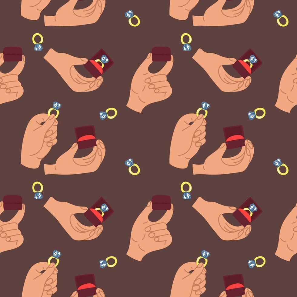 Pattern of the hands holding gold ring, a diamond ring in a box. Seamless flat pattern. A sparkling washing ring for a marriage proposal in different turns on a dark background. Rings for the proposal vector