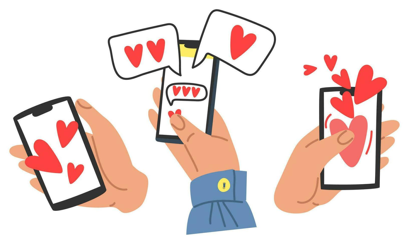 A set with the hands of a man and a phone with correspondence of lovers with hearts. Isolated vector flat illustration for Valentine's Day. Collection declaration of love on the phone