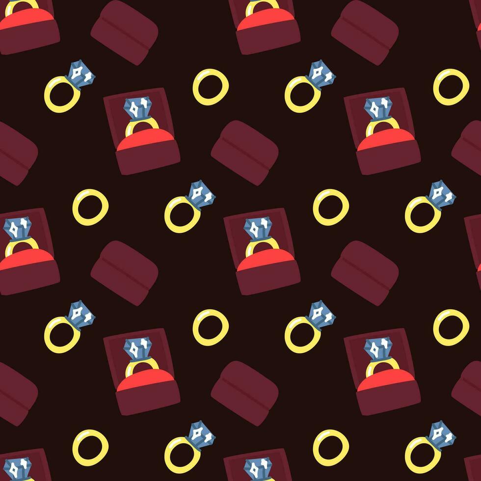 The pattern is a gold ring, a diamond ring in a box. Seamless flat pattern. A sparkling washing ring for a marriage proposal in different turns on a dark background. Rings for the proposal vector