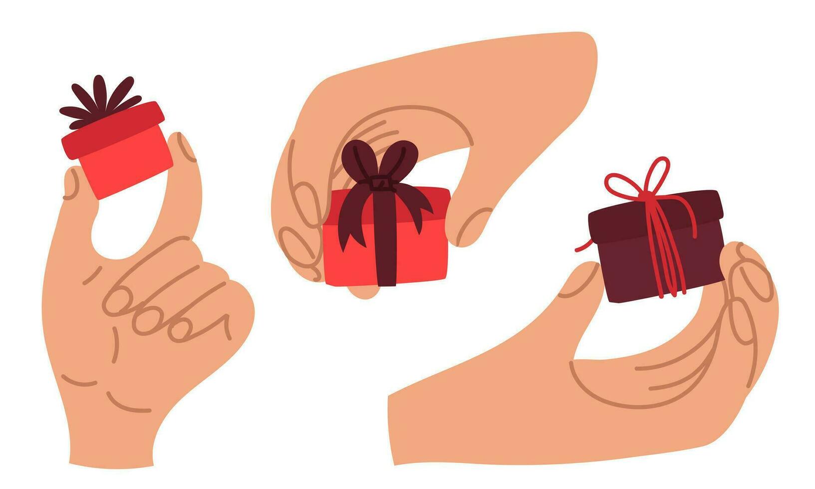 Gift box delivery set. Hands with a small gift box for a banner, Internet. The gift is in your hand, give it back. Vector illustration of a flat style. Fingers hold a box with a bow, ribbon, thread