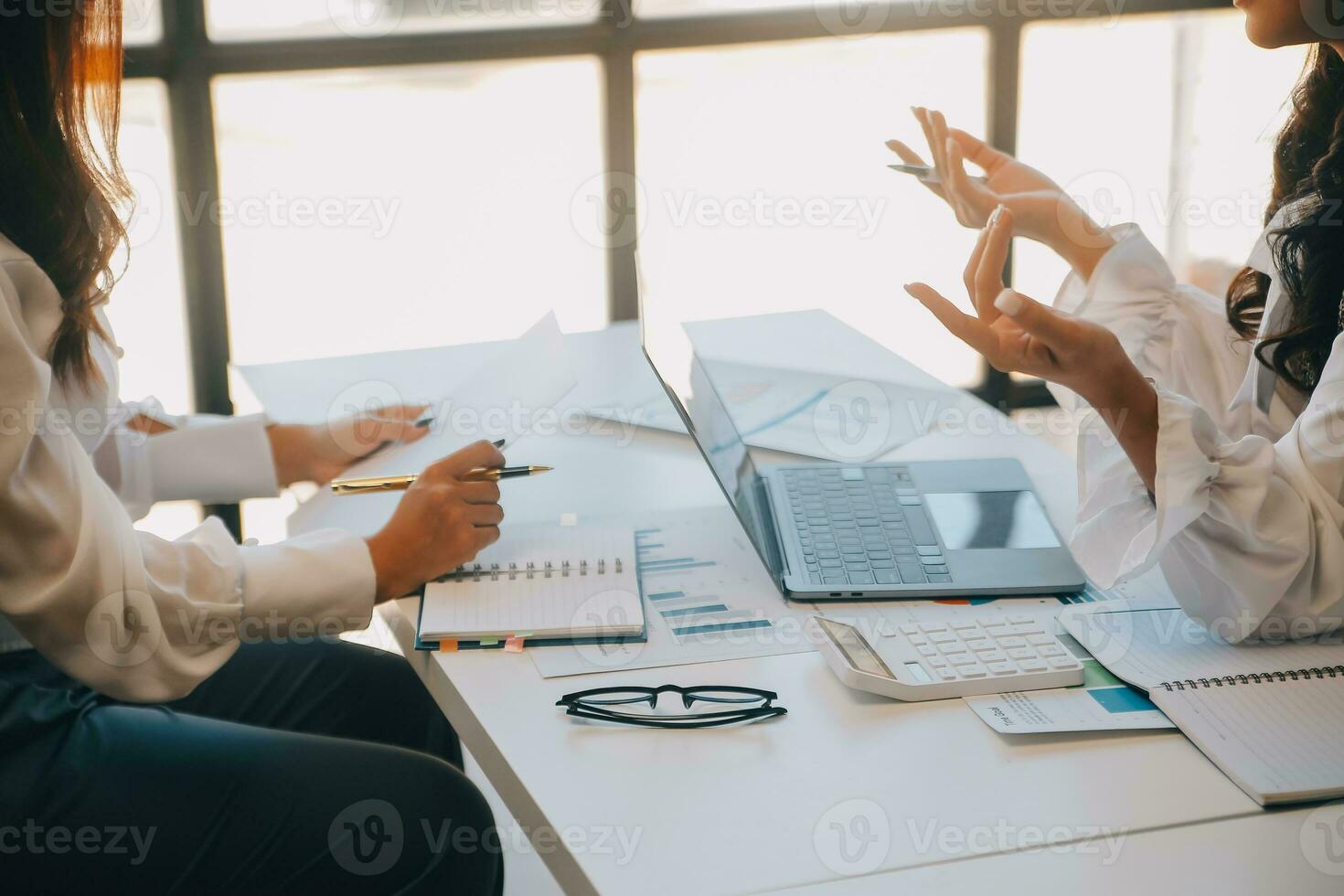 Business team collaboration discussing working analyzing with financial data and marketing growth report graph in team, presentation and brainstorming to strategy planning making profit of company. photo