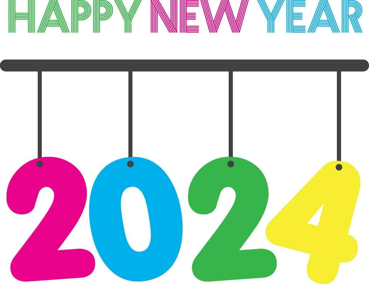 Inscription Happy New Year 2024 made of colorful letters on white background. Hanging colorful typography vector