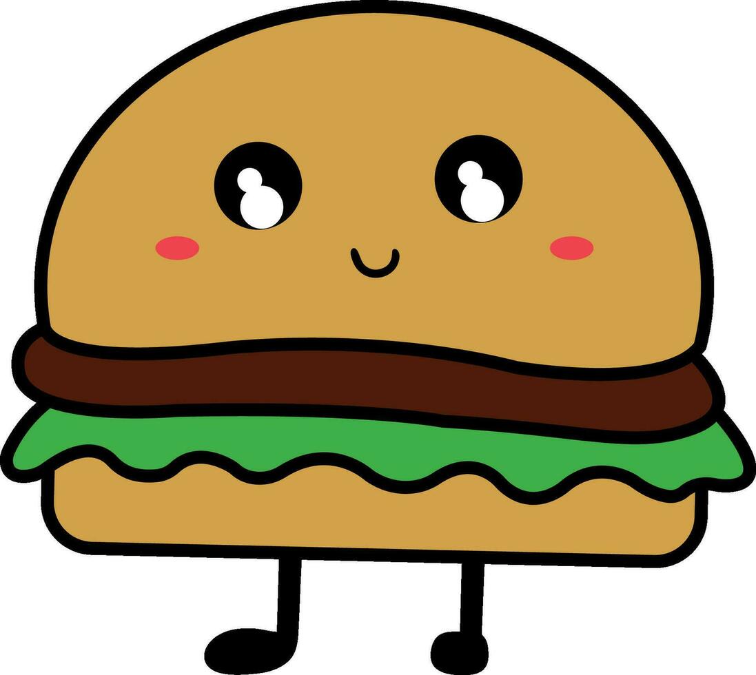 Cartoon hamburger character. Funny flat vector illustration of smiling hamburger. Fast food symbol, delivery icon, package, cafe, restaurant