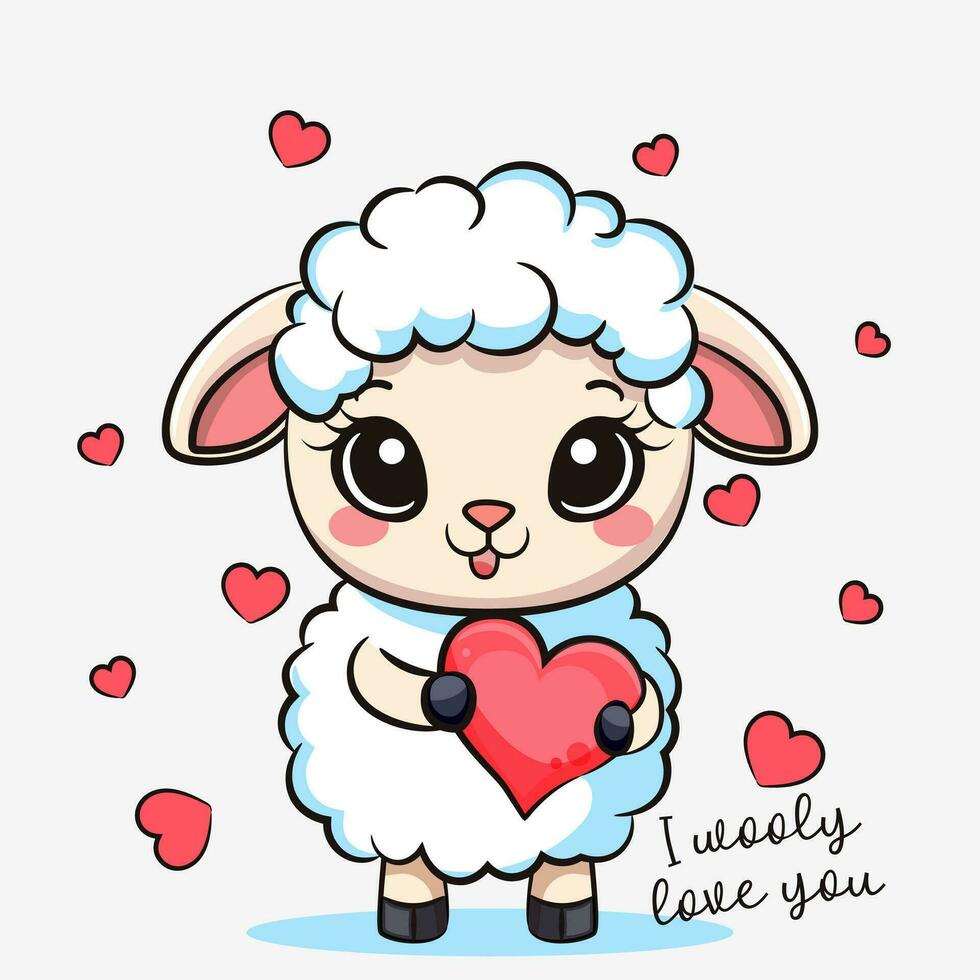 Cartoon sheep holding heart. I wooly love you. vector