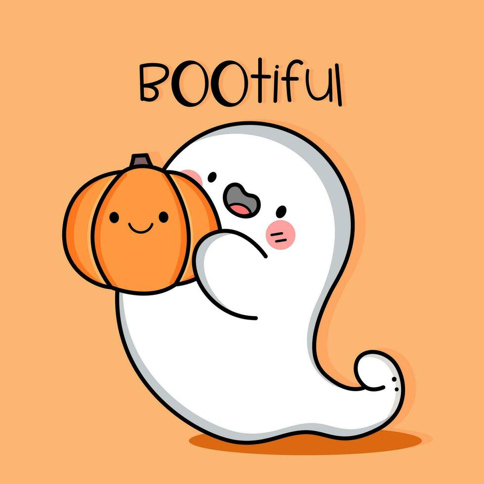 Cute kawaii ghost holding pumpkin. Bootiful text. vector