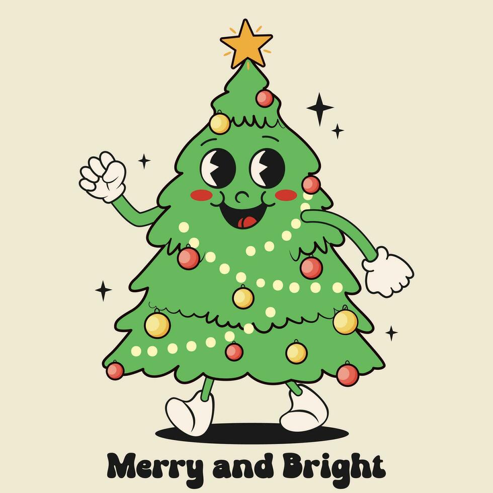 retro dibujos animados Navidad árbol, gracioso personaje. vector