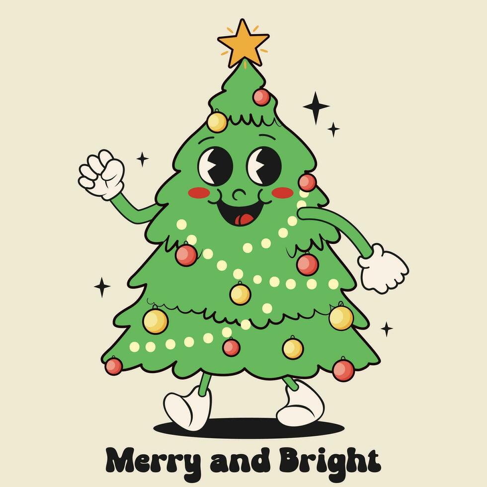 Retro Cartoon Cristmas tree, funny character. vector