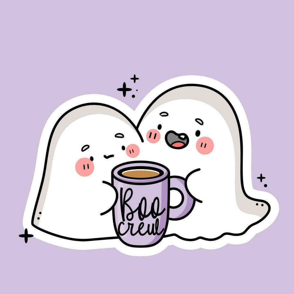 Cute kawaii ghost with coffee mug. Boo crew quote. vector