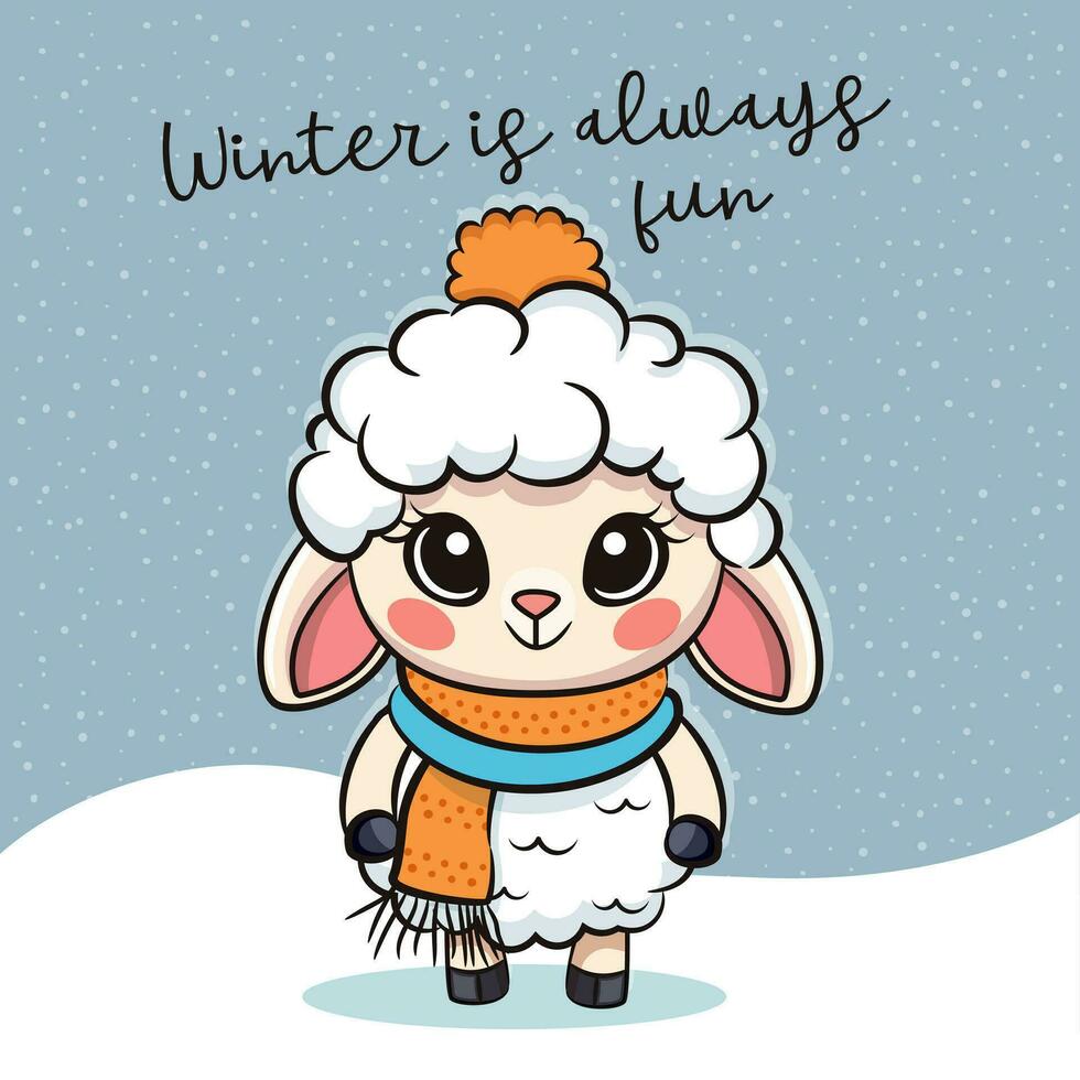 Cute cartoon baby sheep in hat and scarf. vector