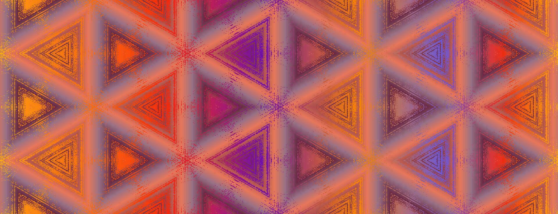 Seamless abstract texture pattern with kaleidoscope effect. Geometric ornament from triangles in purple, red, orange and yellow colors, design for poster, banner, card, wallpaper, background. vector