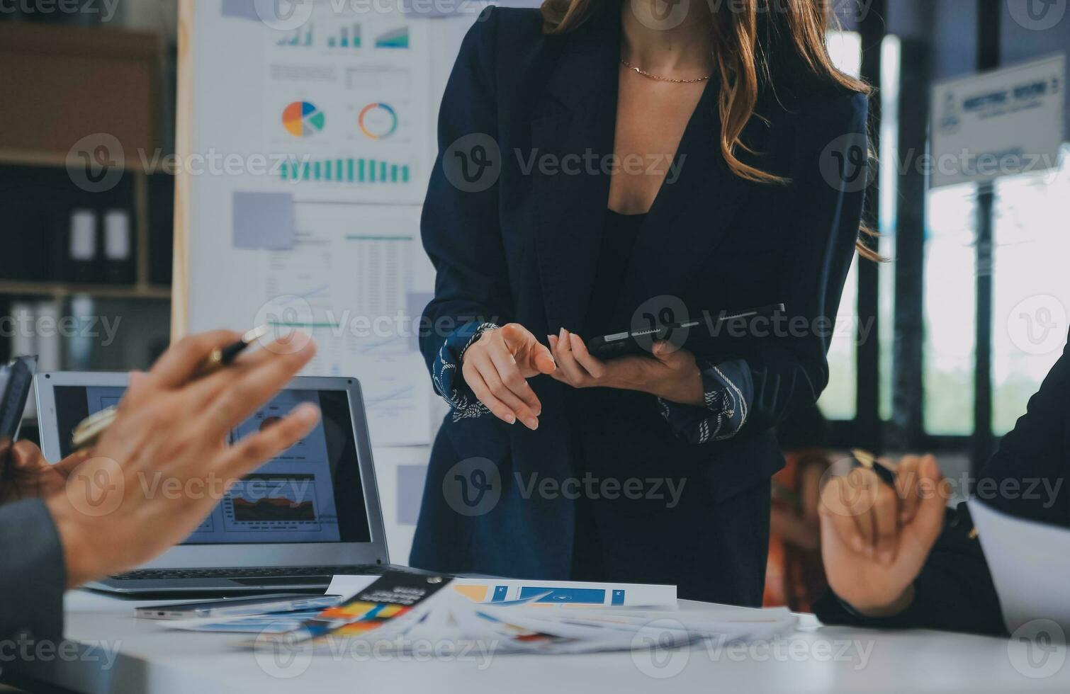 Close up ux developer and ui designer use augmented reality brainstorming about mobile app interface wireframe design on desk at modern office.Creative digital development agency photo