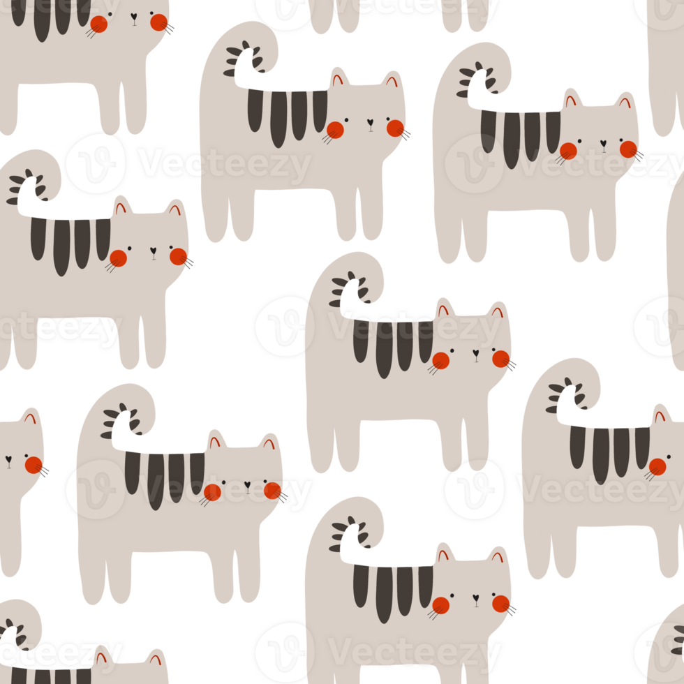 seamless pattern with cute cartoon striped cat. Funny characters. Simple seamless design. Flat design. Children's background png