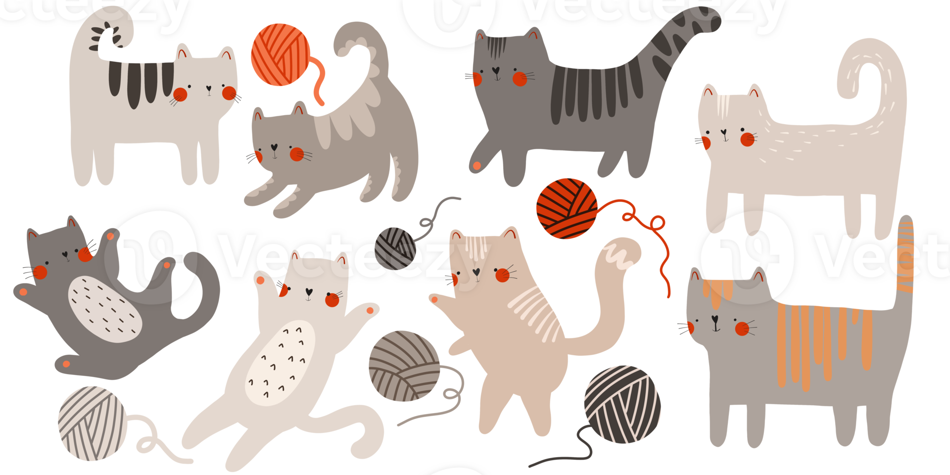 Set with cute cartoon cats. Cats of different colors play with balls of thread. Flat isolated illustration hand drawn png