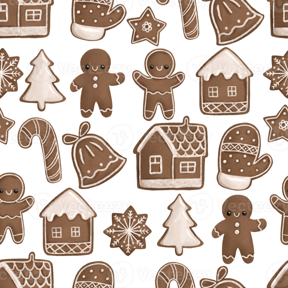 Seamless hand drawn New Year's Eve pattern on transparent background. Winter gingerbread in the form of Christmas trees, houses and little people. Cozy pattern. Childish design png