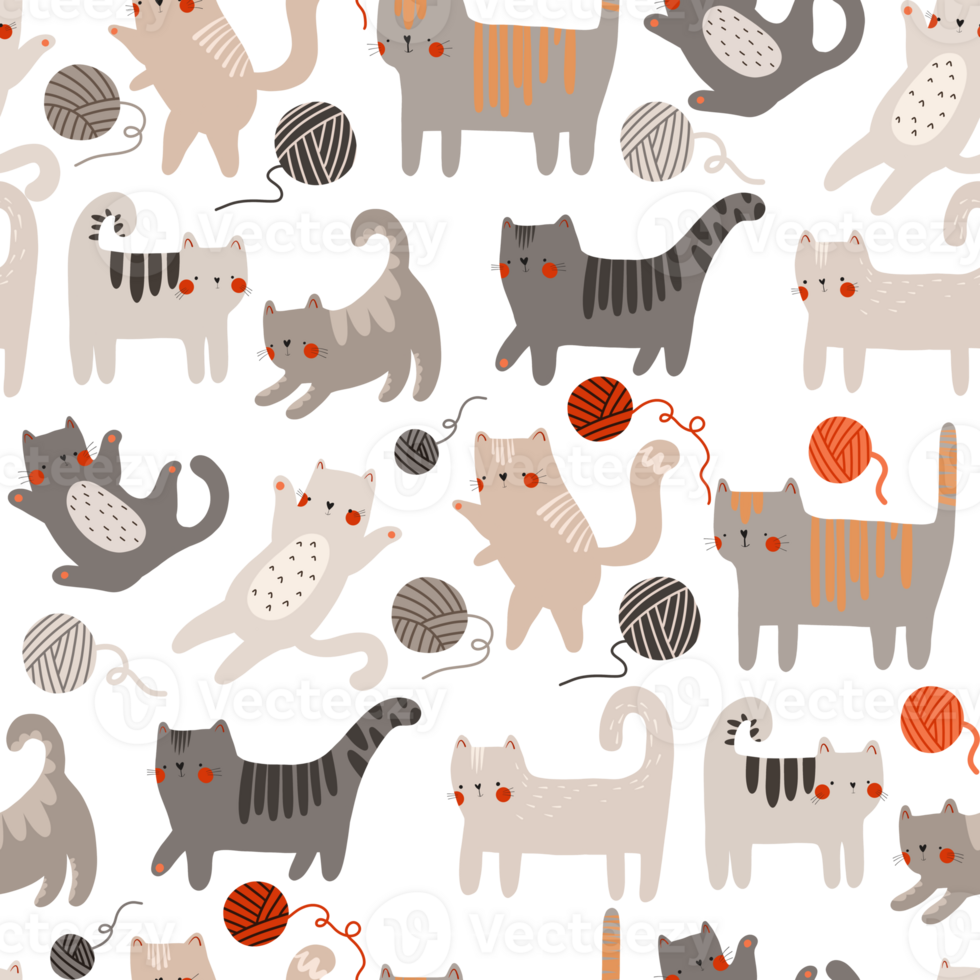 seamless pattern with cute cartoon cats. Cats of different colors play with balls of thread. Flat isolated illustration hand drawn. Children's background png