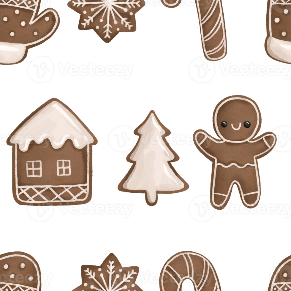 Seamless holiday pattern with Christmas baked goods, gingerbread cookies. Bakery decorated with white icing and on a transparent background. Hand drawn illustration png