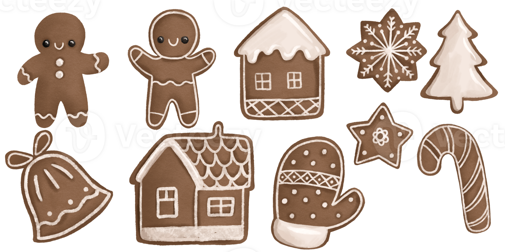 Set of gingerbread cookies. Hand drawn illustration on isolated background. New Year gingerbread in the form of Christmas trees, houses and little people png