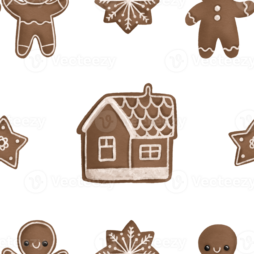 Seamless christmas pattern of gingerbread man , houses and snowflakes on transparent background. Childish Design png