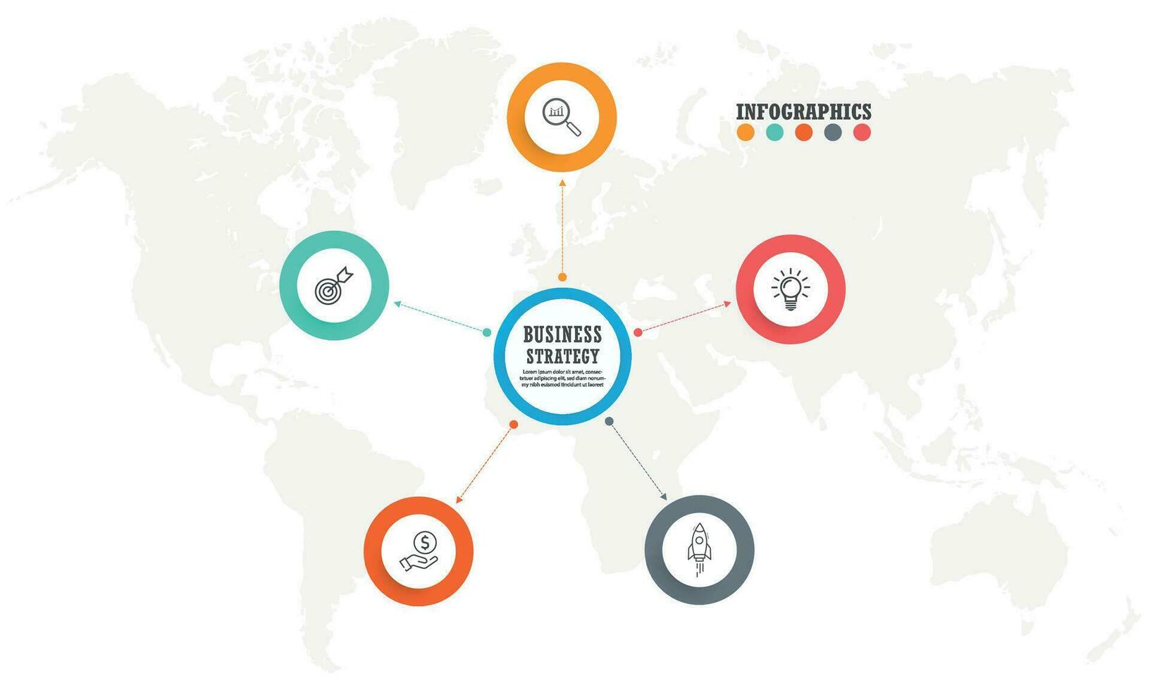 Business process. Timeline infographics with 5 steps, options, arrows. Vector template.