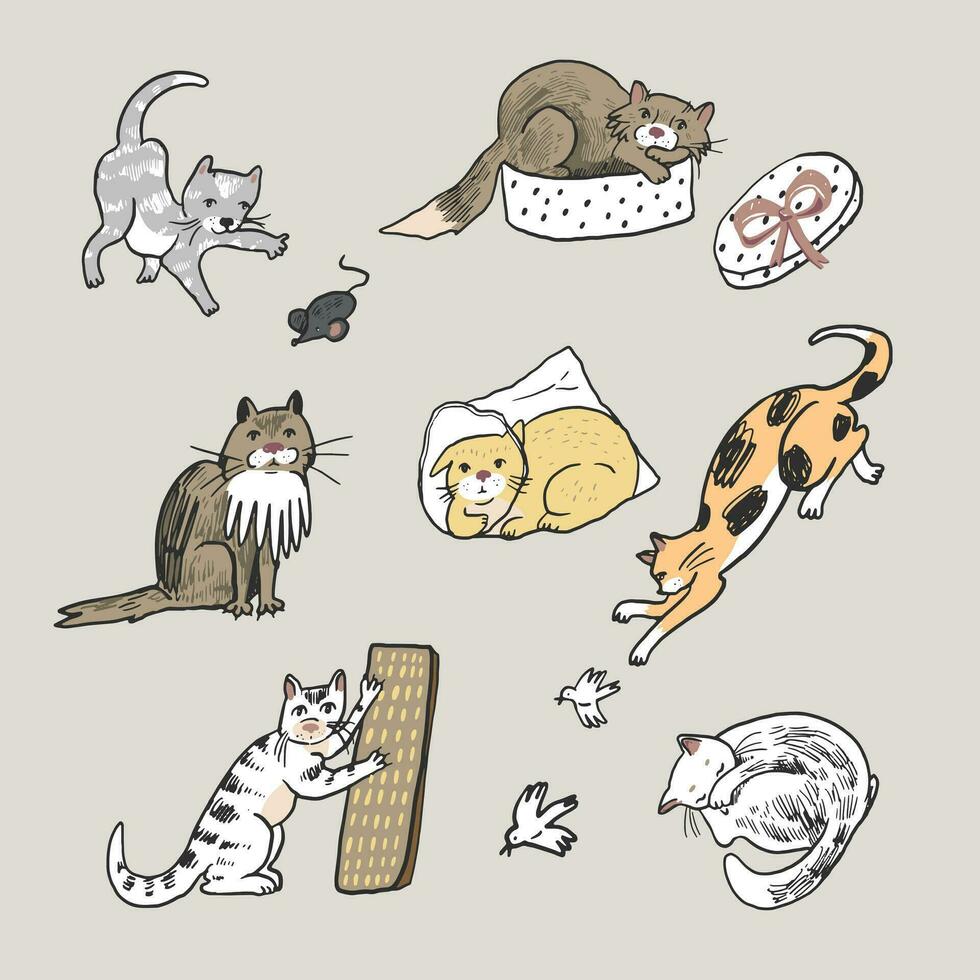 Set of cute hand drawn cats. Vector illustration in doodle style.