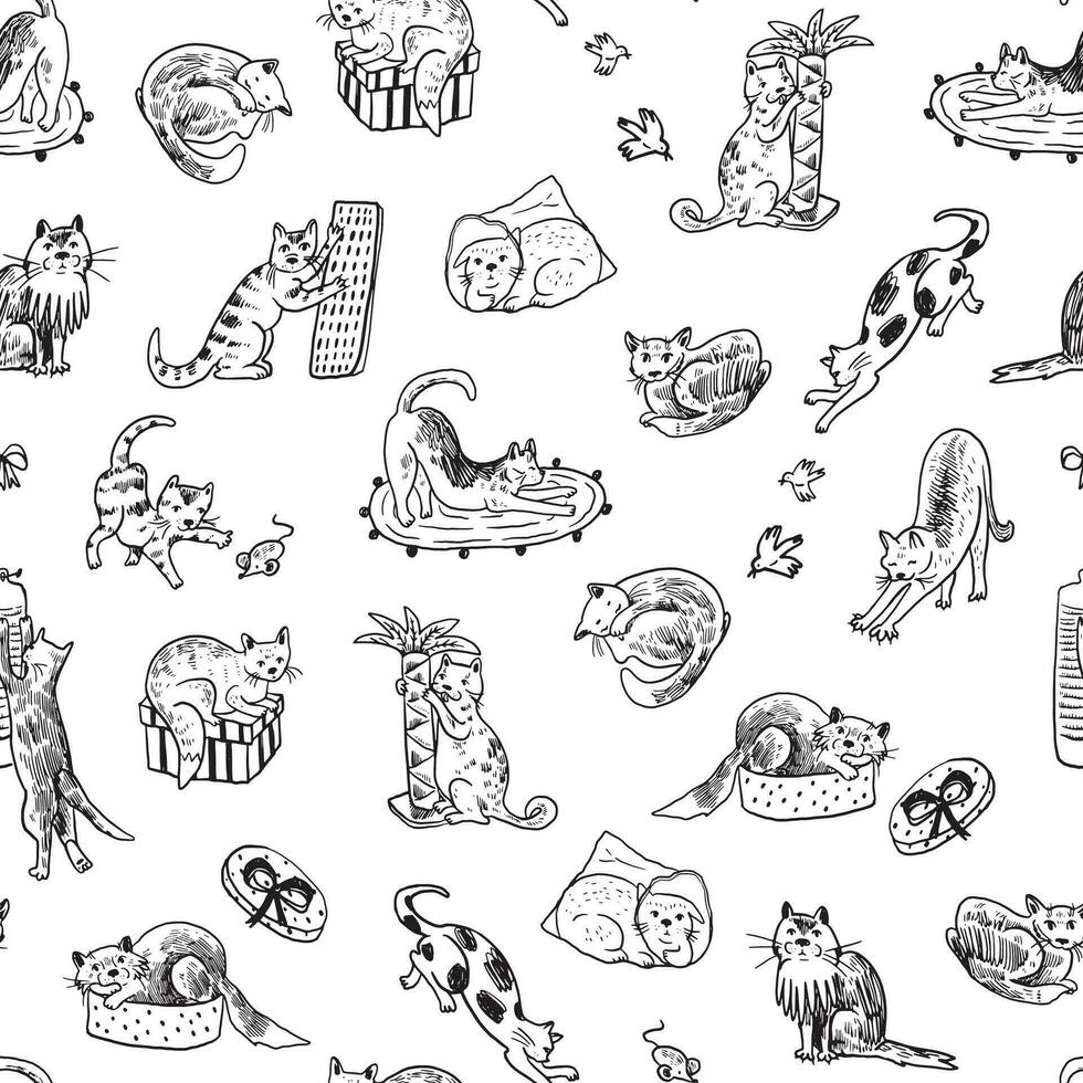 Set of cute hand drawn cats. Vector seamless pattern in doodle style.