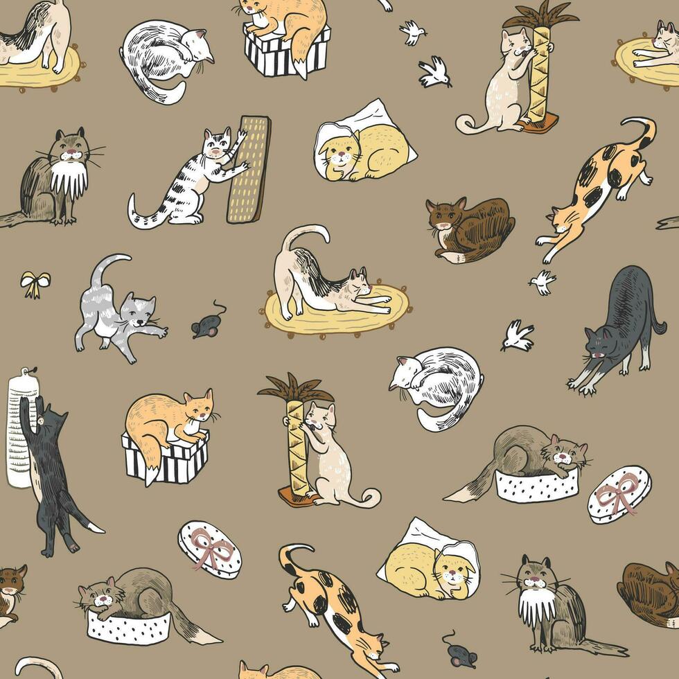 Set of cute hand drawn cats. Vector seamless pattern in doodle style.