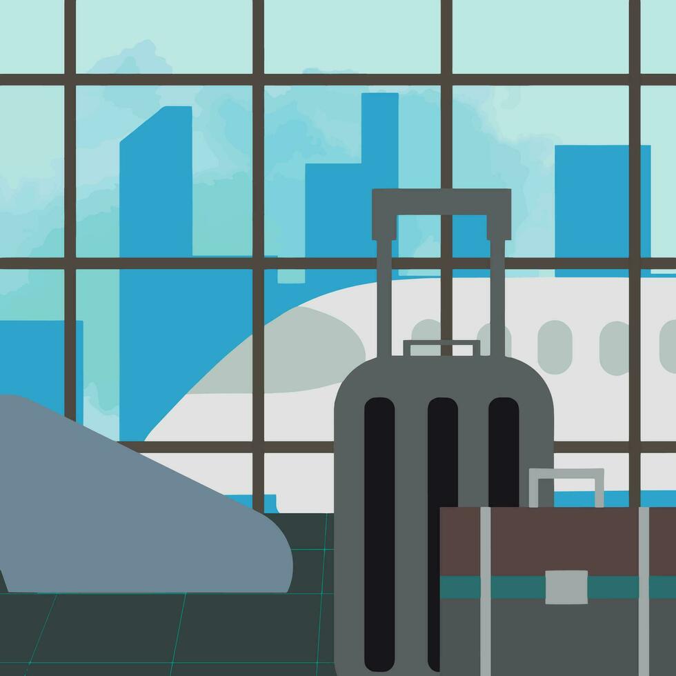 Airport or terminal interior waiting hall, empty rows of seats, lounge zone. Luggage on the front vector