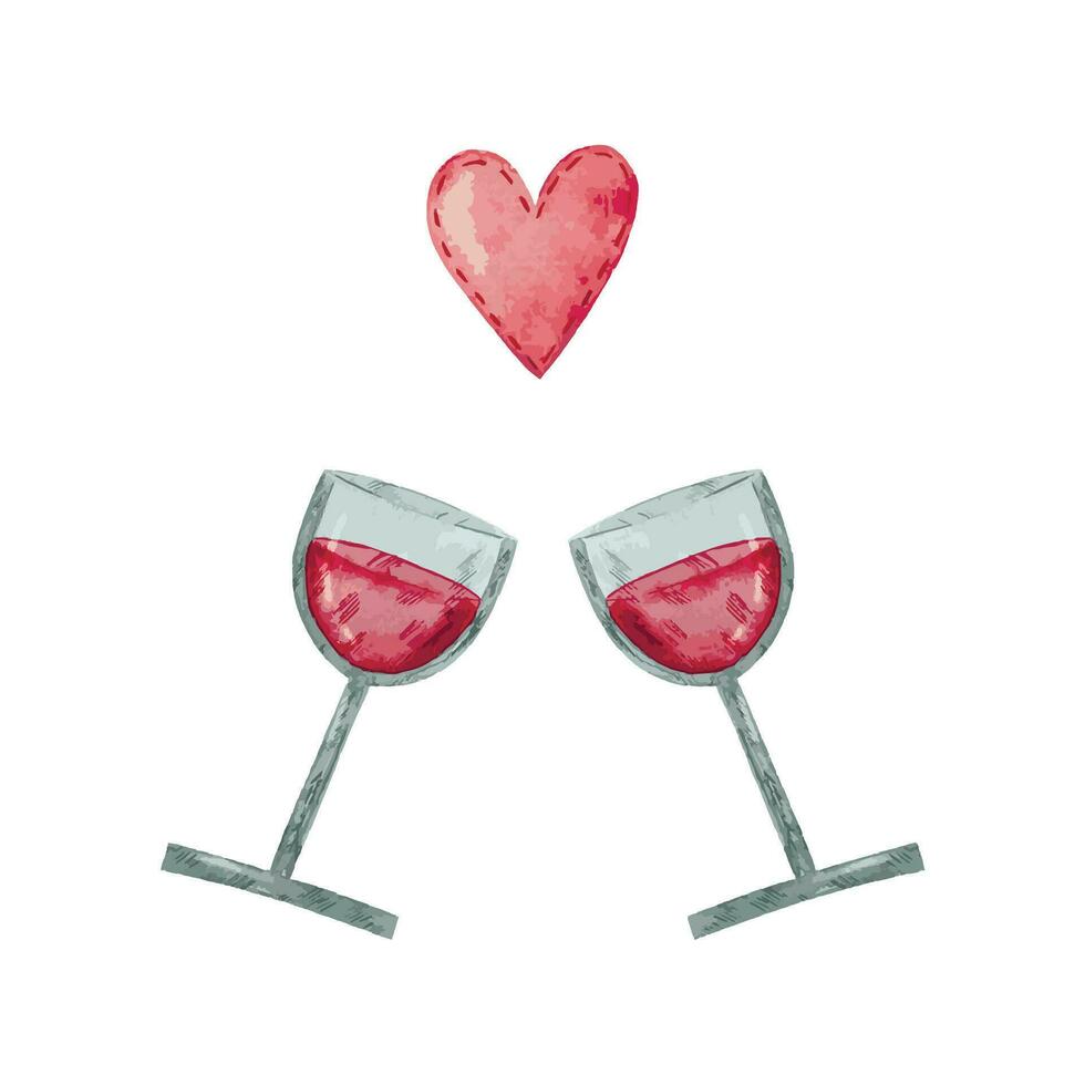 Saint Valentine's day watercolor banner with wine glasses and heart vector