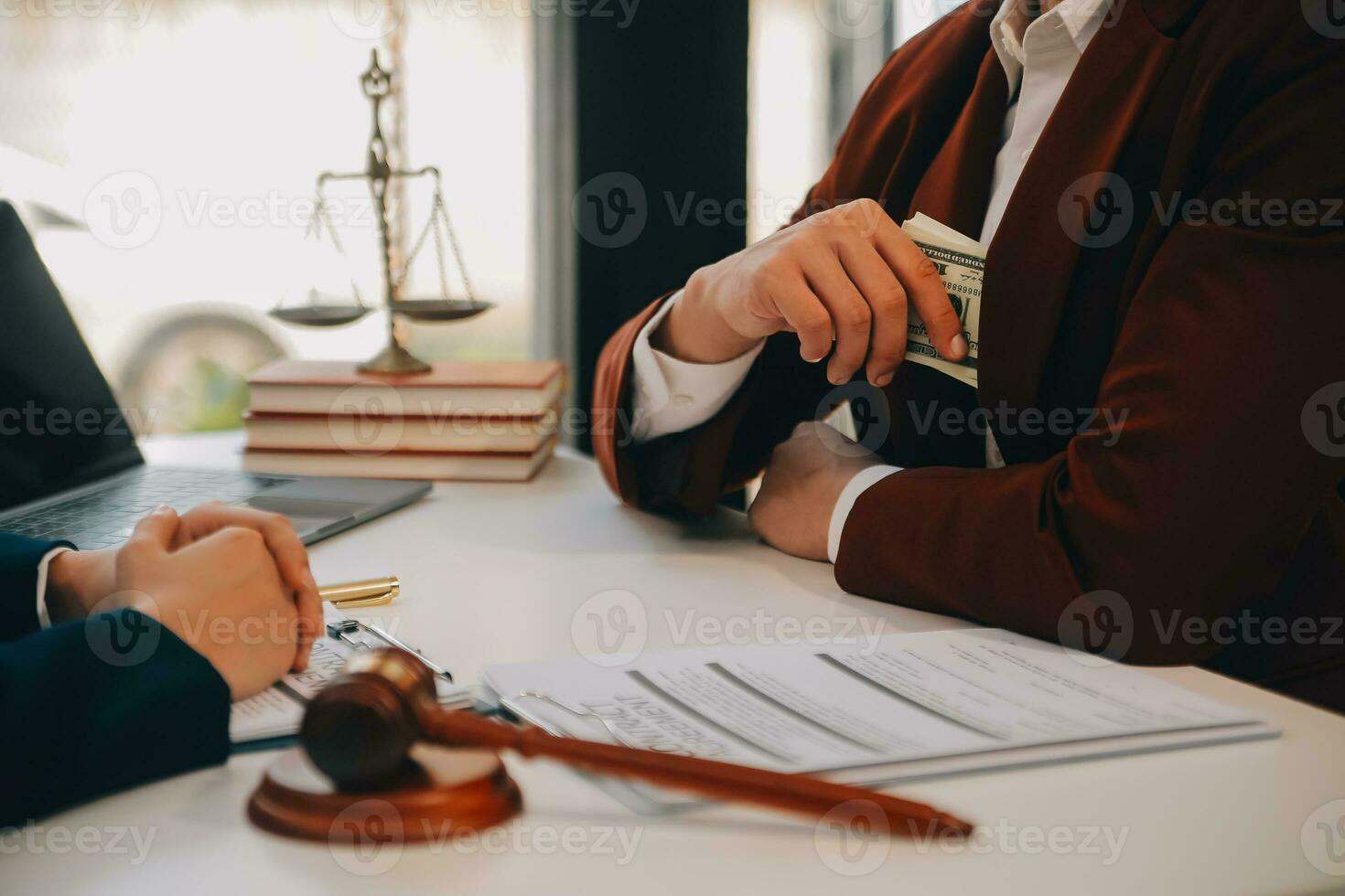 Lawyer, legal advisor, businessman brainstorming information on agreement details Business contracts in legal processing books for accuracy in contract documents. joint financial investment. photo