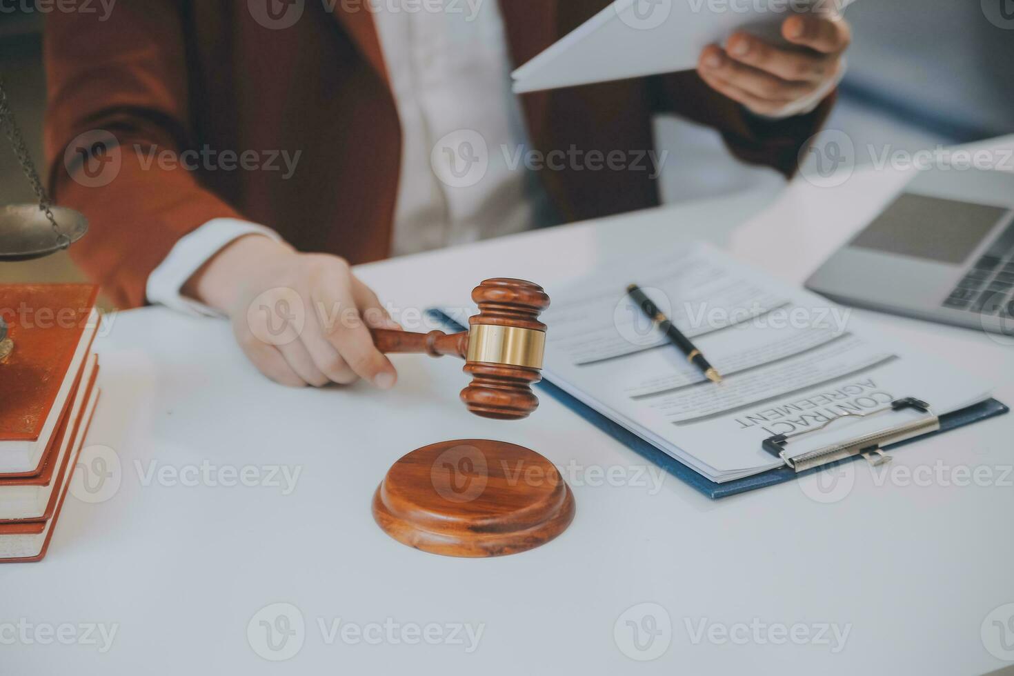 Lawyer, legal advisor, businessman brainstorming information on agreement details Business contracts in legal processing books for accuracy in contract documents. joint financial investment. photo