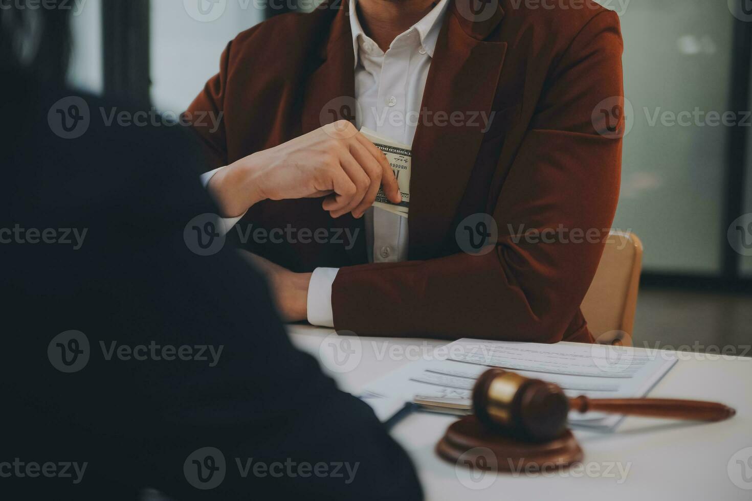 Lawyer, legal advisor, businessman brainstorming information on agreement details Business contracts in legal processing books for accuracy in contract documents. joint financial investment. photo