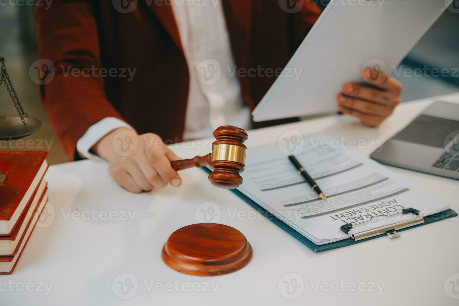 Lawyer, legal advisor, businessman brainstorming information on agreement details Business contracts in legal processing books for accuracy in contract documents. joint financial investment. photo