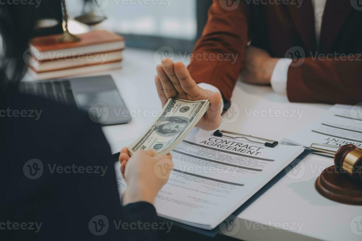 Lawyer, legal advisor, businessman brainstorming information on agreement details Business contracts in legal processing books for accuracy in contract documents. joint financial investment. photo
