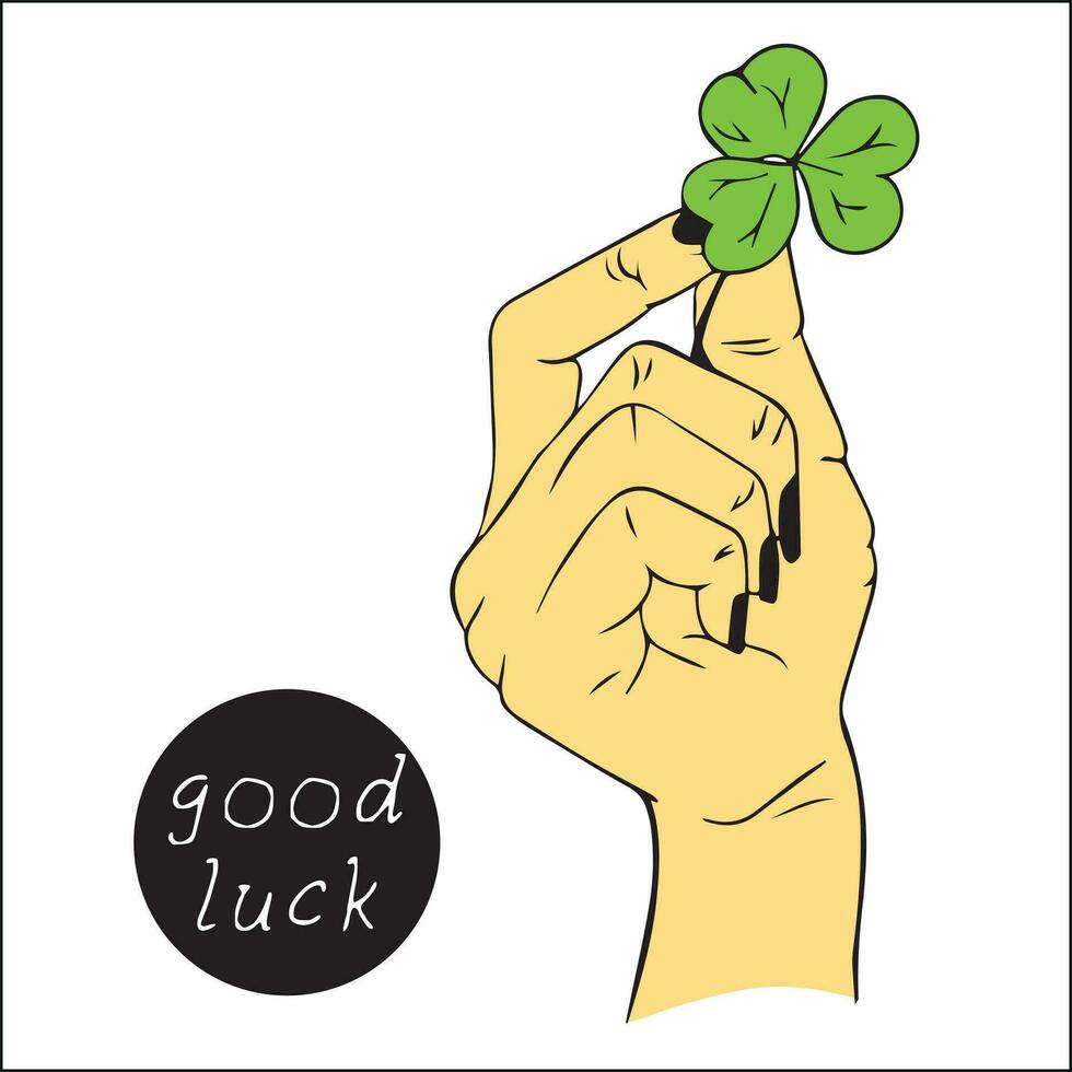 Female holding beautiful green four-leaf clover, close-up. Have  good day. Turn green. hand holds a clover leaf for good luck. botanical elements. isolated. vector