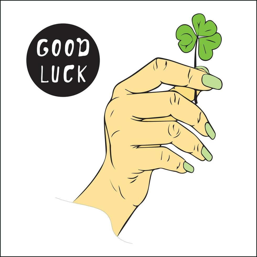 Female holding beautiful green four-leaf clover, close-up. Have  good day. Turn green. hand holds clover leaf for good luck. vector