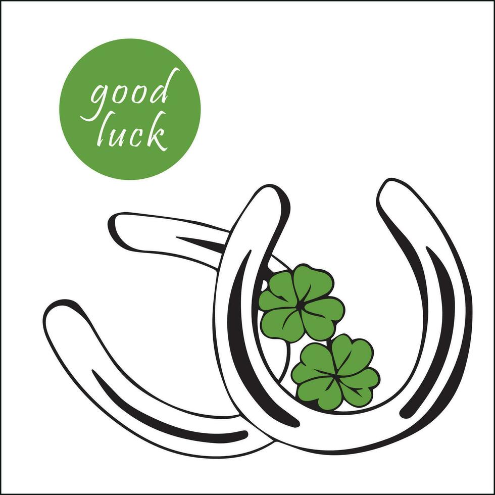 Two metal horseshoes and two four-leaf clover for good luck. icons of lucky clover and horseshoe or Patrick's day. St Patrick's Day bright horseshoe clover Irish lucky green vintage icon vector