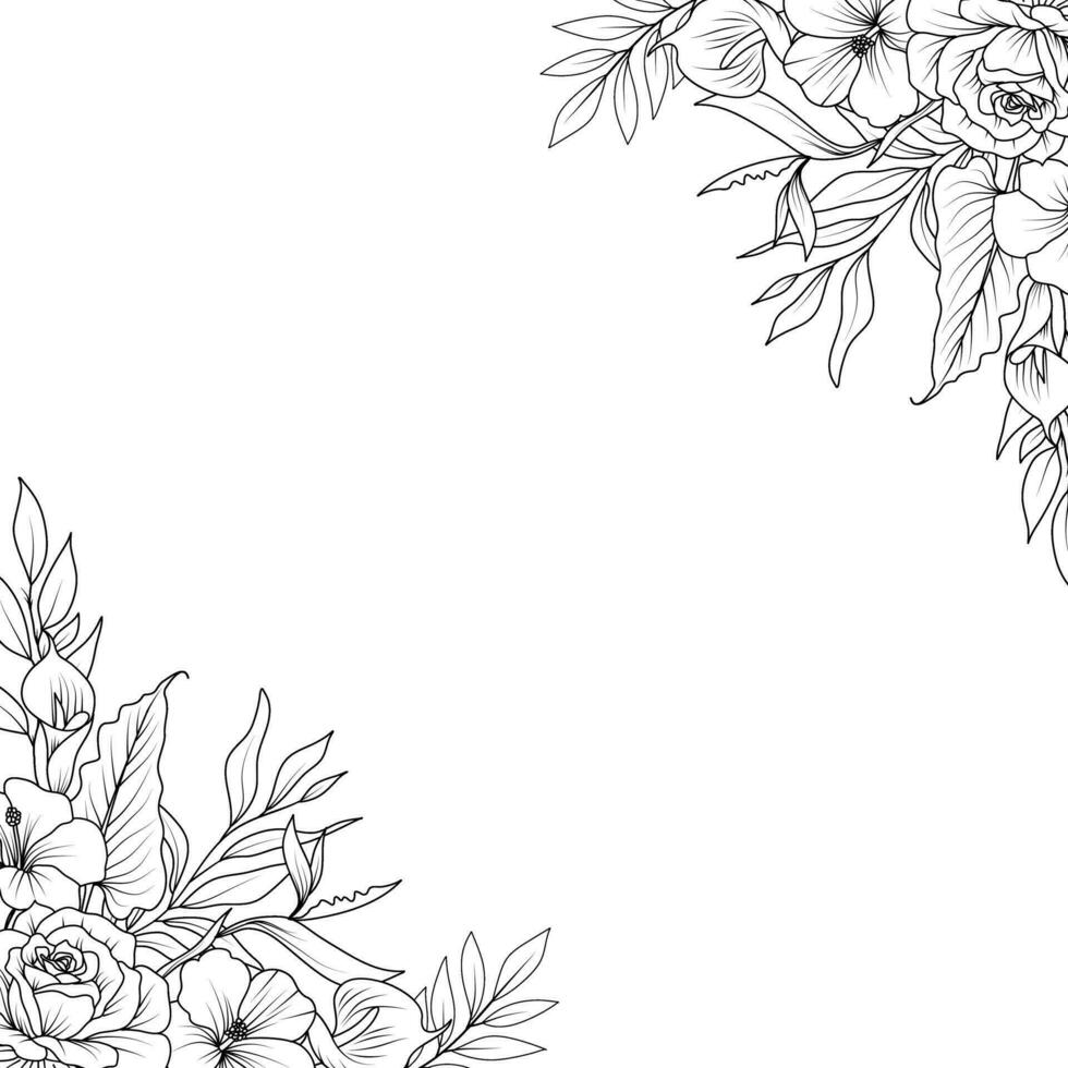 flower border. flower garland in corner design. black and white flower sketch vector